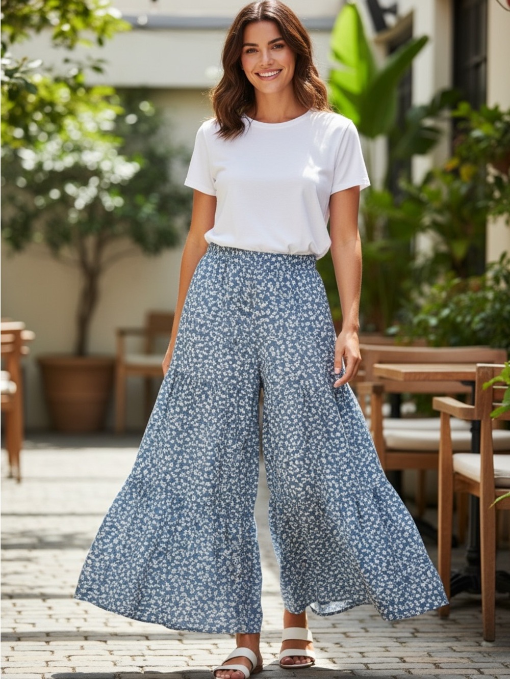 Blue Floral Wide-Leg Palazzo Pants with Elastic Waist